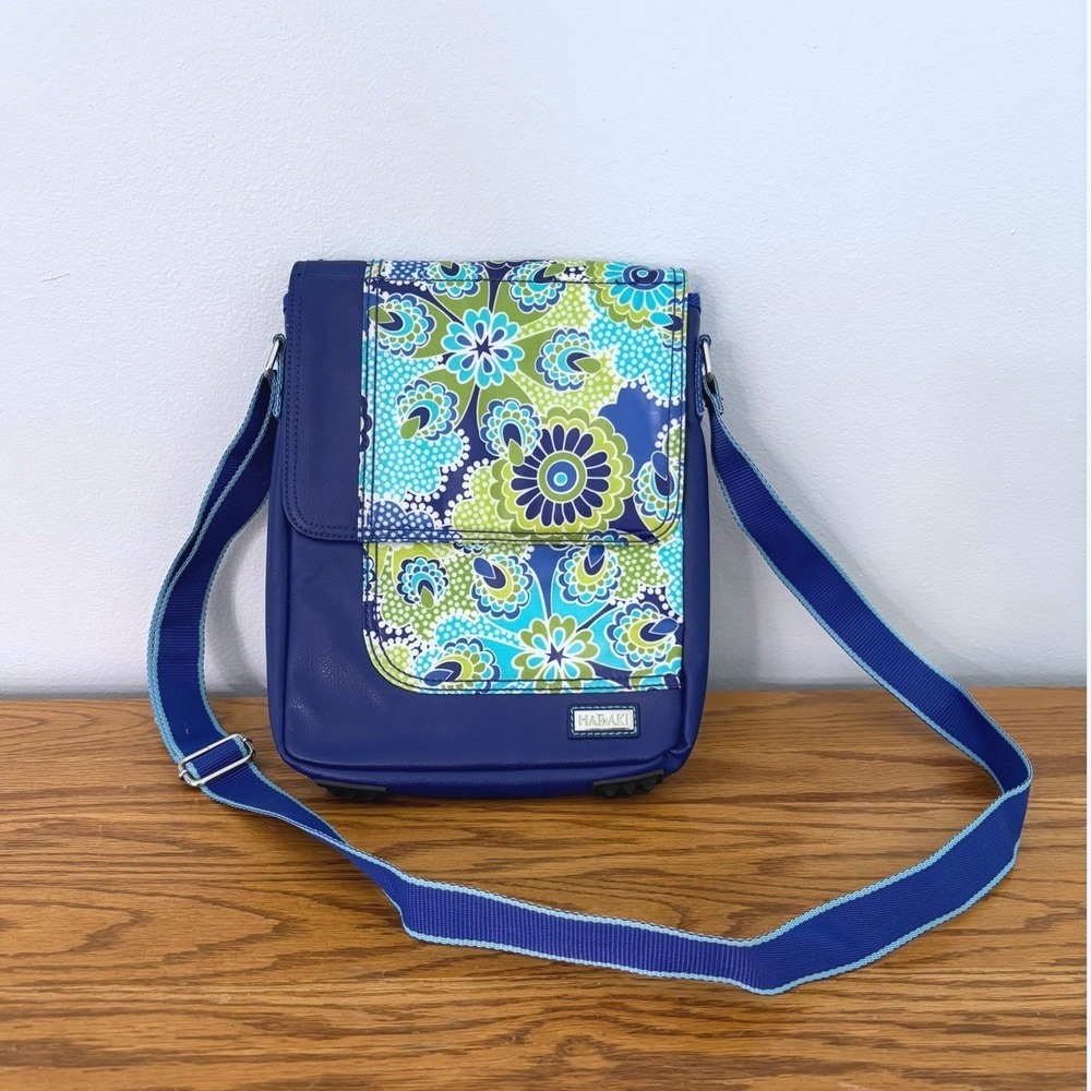 Hadaki Navy Blue Floral Paisley Crossbody Messenger Bag Vegan Leather Adjustable